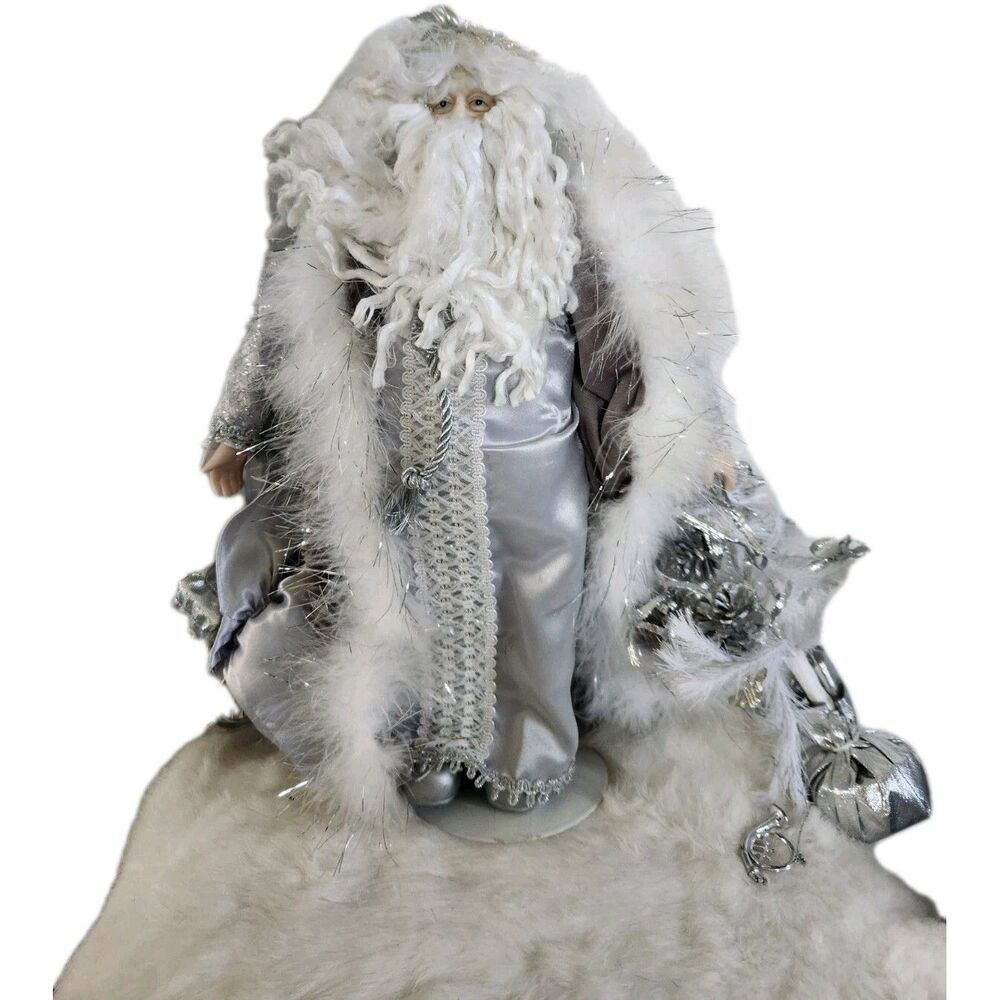 Elegant Porcelain Santa Claus Figurine 16in White Silver Robe Christmas Holiday